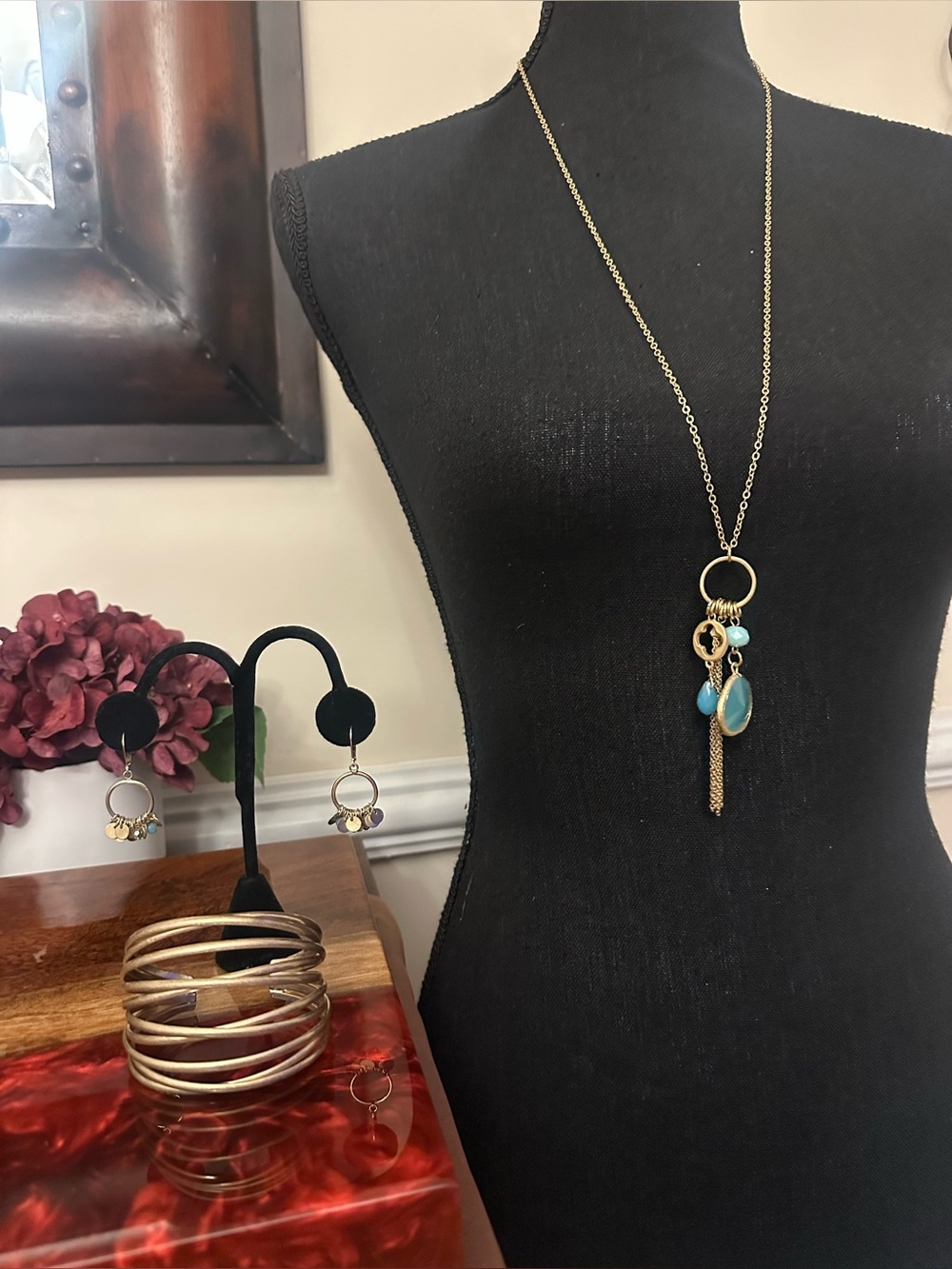 Gold Tone Turquoise Charm Necklace Earrings Cuff Bracelet Jewelry Set Boho, EUC